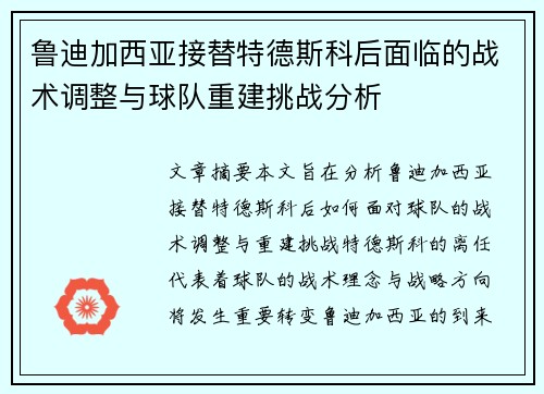 鲁迪加西亚接替特德斯科后面临的战术调整与球队重建挑战分析