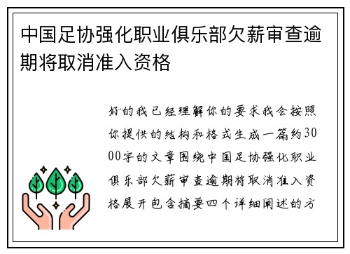 中国足协强化职业俱乐部欠薪审查逾期将取消准入资格