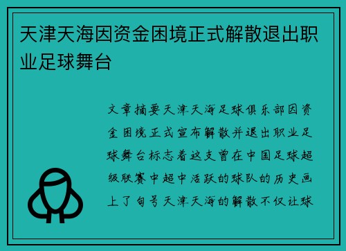 天津天海因资金困境正式解散退出职业足球舞台 天津天海因资金困境正式解散退出职业足球舞台